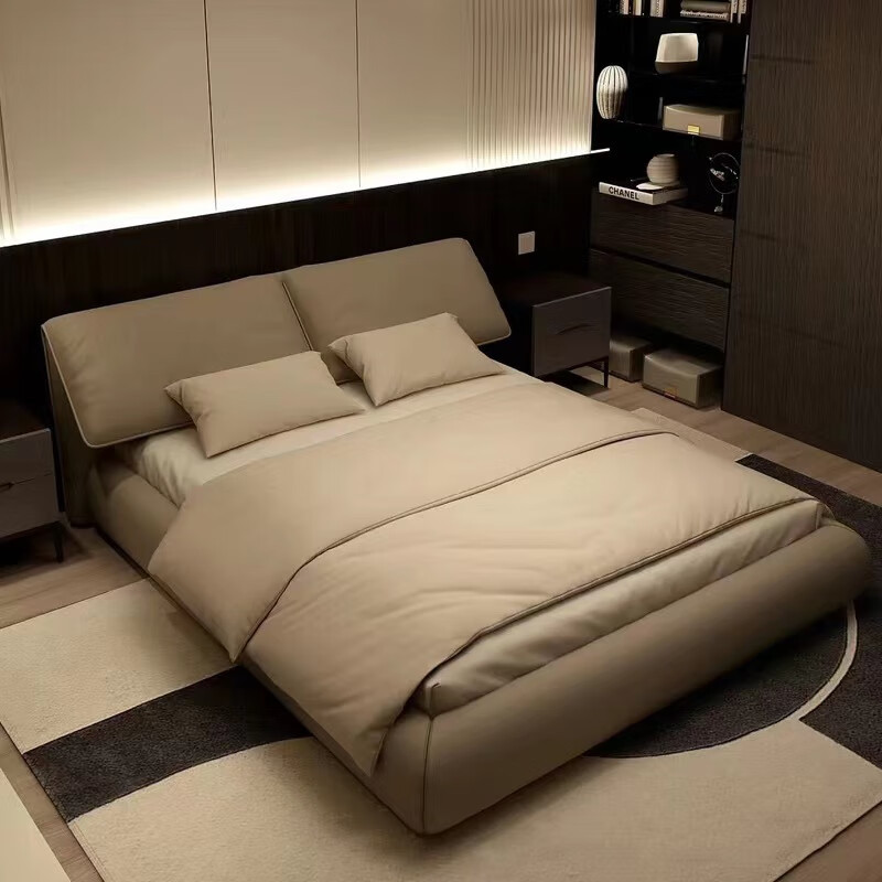 Cama de cuero con orejas de elefante, cama doble minimalista italiana, cama de pluma, cama de doble simple, cama queen size 2 * 2m