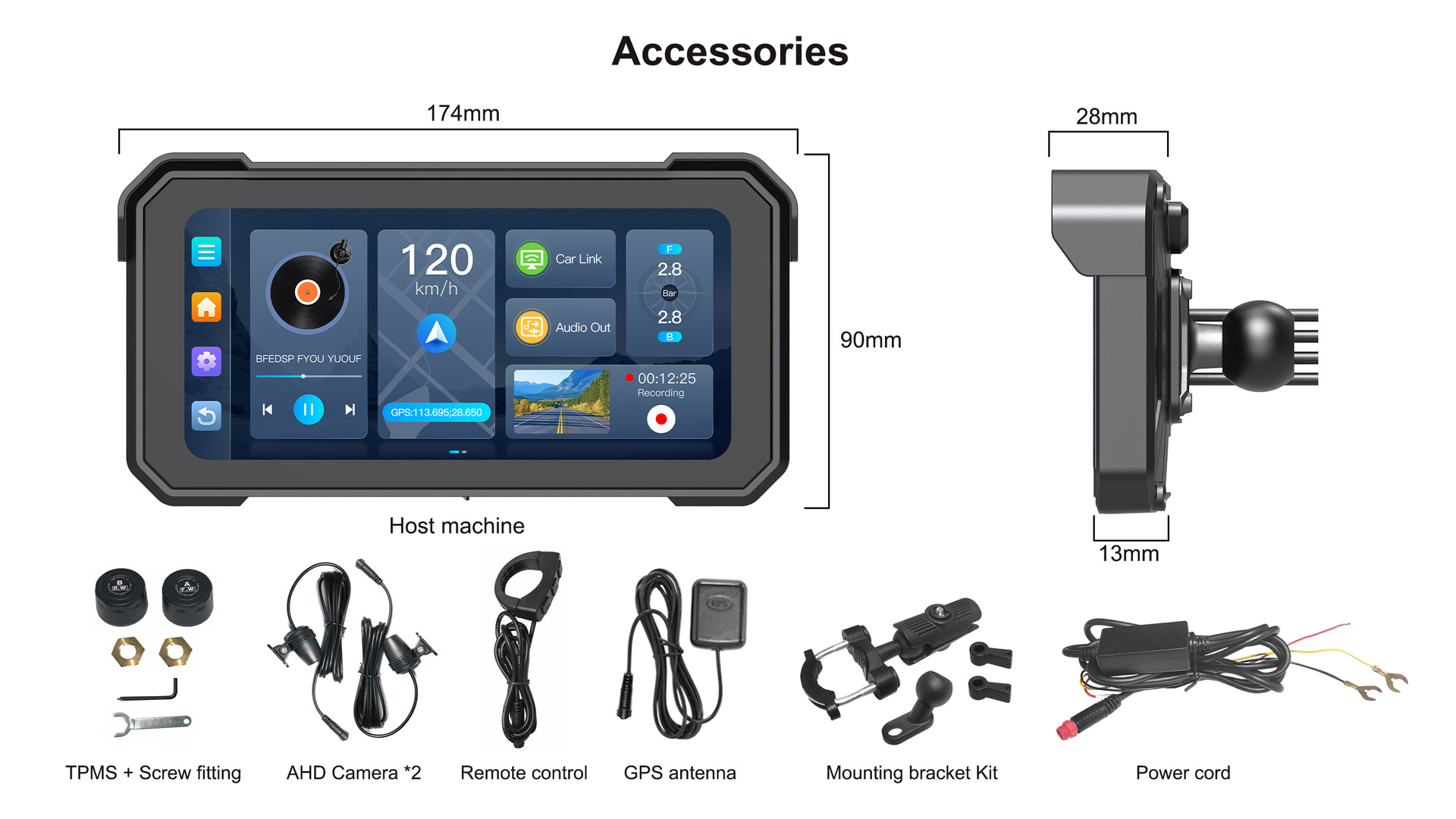 6inch Motorcycle dashcam with front and rear dual lenses, GPS, wireless CarPlay, motorcycle vehicle recorder