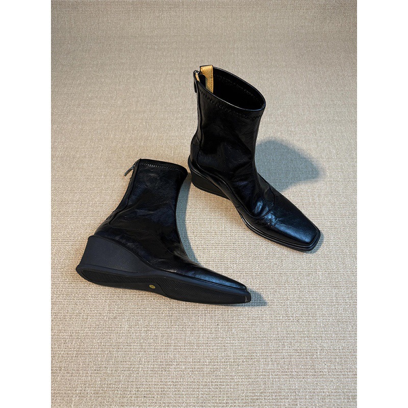 Washed Cowhide Wedge-Heeled Thick-Soled Heightening Genuine Leather Elastic Slim Boots for Women Square-Toe Genuine Leather Boots Retro Versatile Short Boots