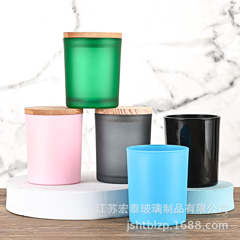 批发创意蜡烛杯彩色蒙砂玻璃容器哑光香薰蜡烛罐空杯烛台带盖现货