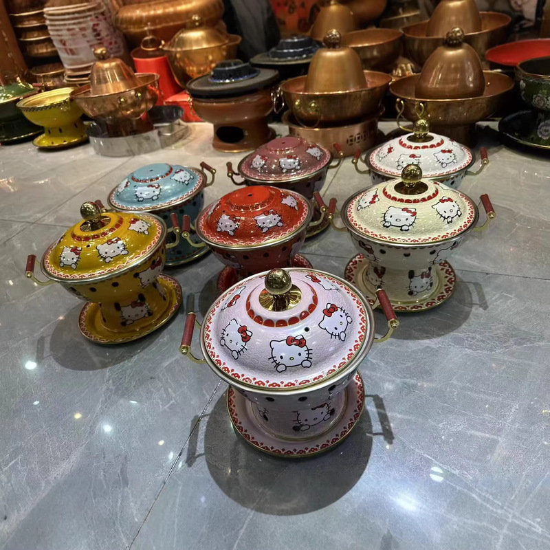 Cloisonné Charcoal Pot Kitty Cat Theme Hot Pot, Handmade, Thickened, Commercial Use, Eco-Friendly, Oil Heating, for 1-2 People Cloisonné Charcoal Pot Kitty Cat Theme Hot Pot, Handmade, Thickened, Commercial Use, Eco-Friendly, Oil Heating, for 1-2 People