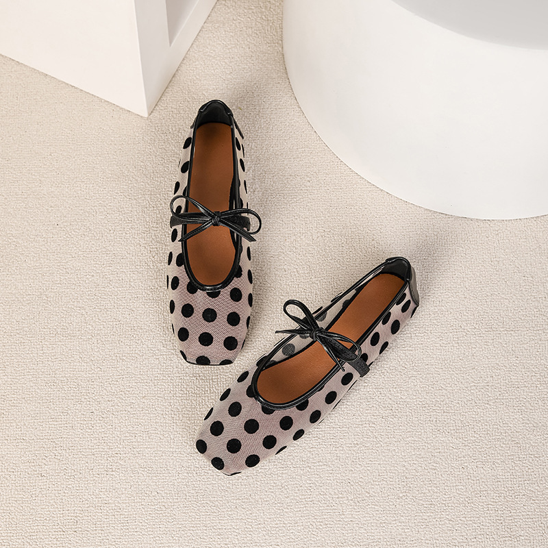 Cross-Border Breathable Bowknot Shallow Ballet Flats 2026 New Style Hollow Mesh Polka Dot Square Toe Flat Shoes for Women Cross-Border Breathable Bowknot Shallow Ballet Flats 2026 New Style Hollow Mesh Polka Dot Square Toe Flat Shoes for Women