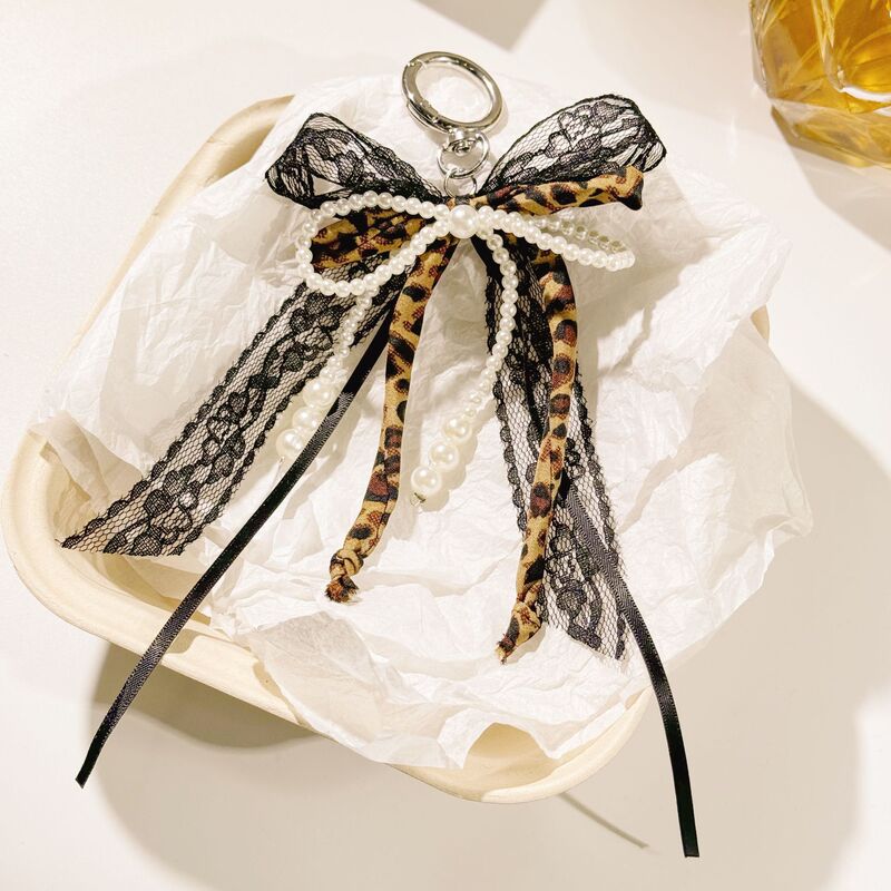 New Korean-style Leopard-print Ribbon Imitation Pearl Bow Cyber Celebrant Girl Bag Pendant Pendant Keychain Mobile Phone Chain