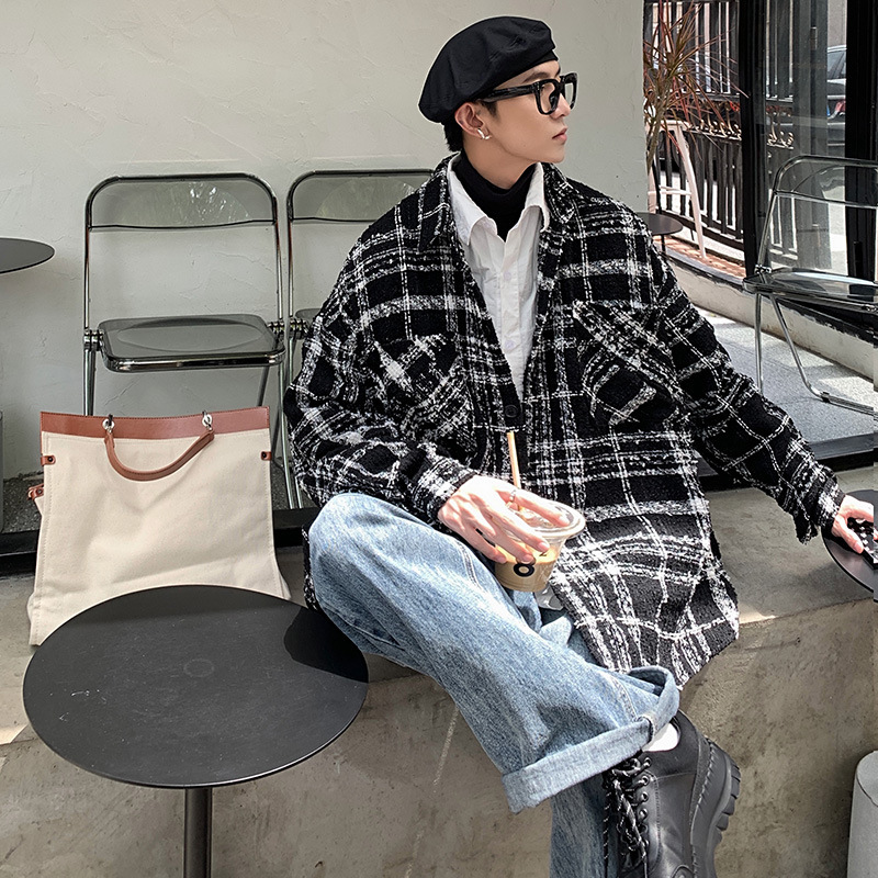 2023 new Chanel style coat men's spring and autumn high-grade fried Street Men's tweed black and white plaid shirt jacket
