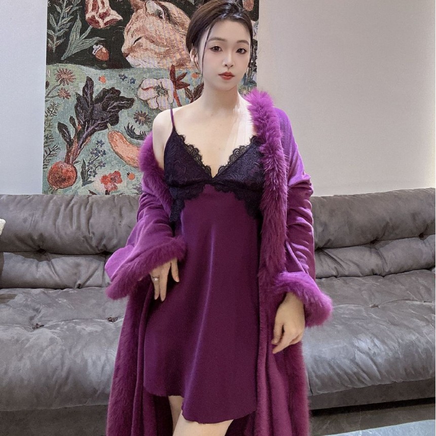 [Violet Kiss] Long Skirt Nightgown, Pure Lust Style, Sexy Suspenders, French Lace, Slimming Look Waist, Outer Nightgown