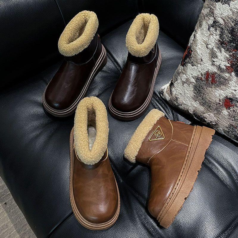 厚底雪地靴女2025冬季皮毛新款一体加绒复古保暖棉鞋短筒大头耐磨