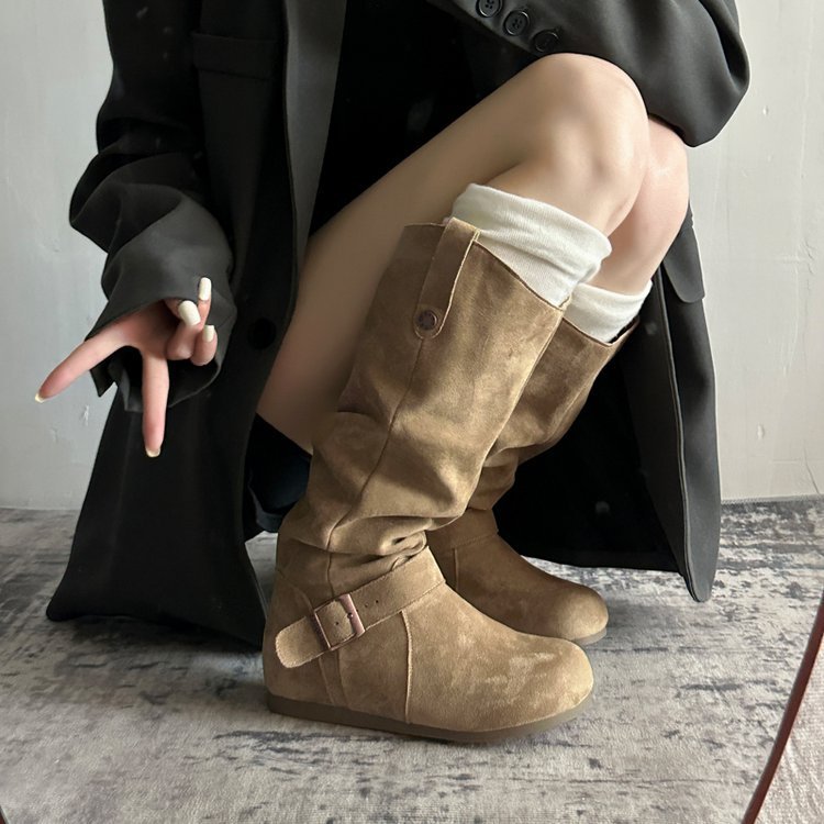 复古风褶皱堆堆靴女2025新款不过膝时尚百搭V口显瘦内增高长筒靴|undefined