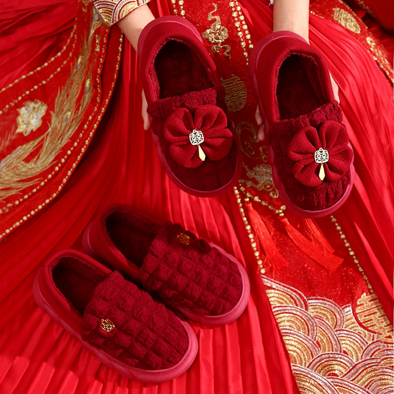 Свадебные тапочки праздничный красный пара толстых боковых швов тепло для молодоженов
