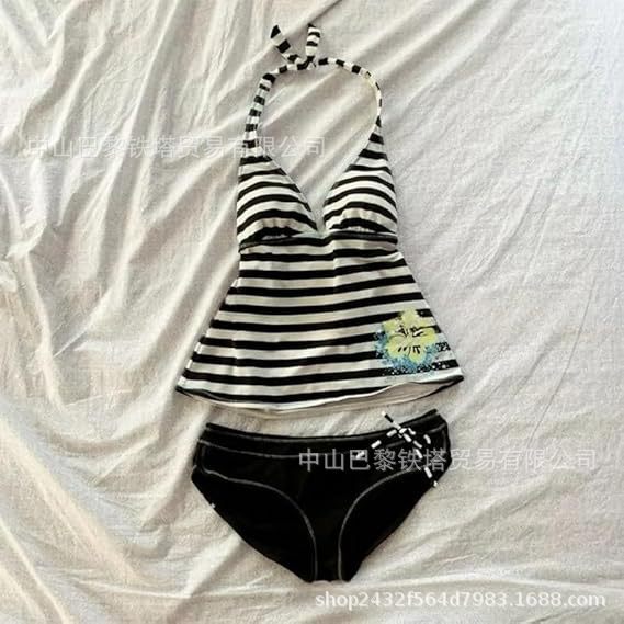 Y2K European and American Style Sexy Halter Neck Tank Top, Backless Slim Fit Inner Wear Top, Green Striped Tank Top Set