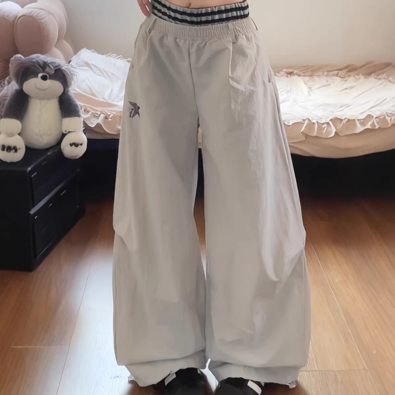 American Retro Style Relaxed and Casual Pleated Parachute Pants for Women, Summer Trendy Double-Waistband Jogger Wide-Leg Pants