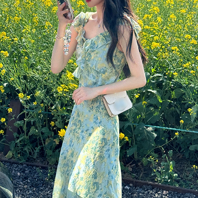 Женское платье в французском стиле с короткими рукавами-крылышками, цветочным принтом, для чаепития, весна 2025, новинка, для отдыха на море, элегантное, длинная юбка без рукавов