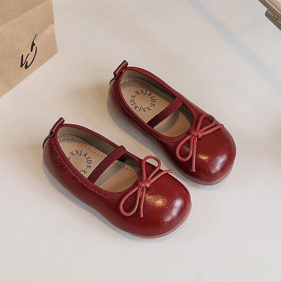 Girls leather shoes 2025 spring and autumn new silver shoes little girls princess shoes soft bottom bean shoes red shoes tide