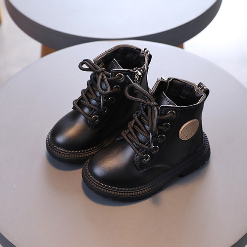 Autumn and winter new British style children's Martin boots for boys and girls soft leather anti-slip single boots baby lace-up zipper short boots