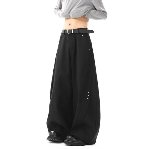 High-end sense rivet cleanfit black curved knife pants for men, spring item, silhouette relaxed wide-leg casual long pants