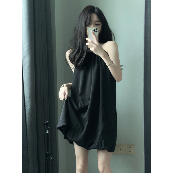 Verano nuevo vestido de dormir de cabina, vestido negro de alta calidad, vestido casero casual simple comercio exterior al por mayor