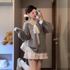 灰色设计感蕾丝拼接蝴蝶结长袖毛衣针织衫女秋季休闲宽松气质上衣