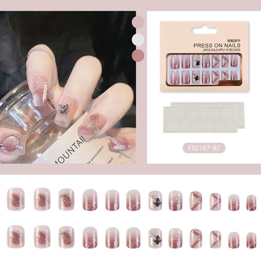 24 piezas de parche de uñas de mariposa de alta calidad, uñas de uñas elegantes con incrustaciones de diamantes, uñas cortas suaves y de moda image 8