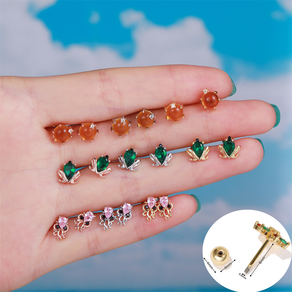 vintage octopus frog 18K gold plated copper zirconium piercing screw ball earrings