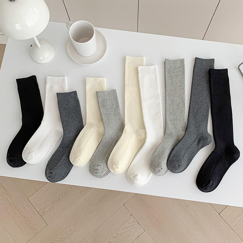 Double-Needle Pure Cotton Mid-Calf Socks for Women, All-Season Jk Long Socks, Slimming Knee-High Calf Socks, Black, White, Gray Slouch Socks