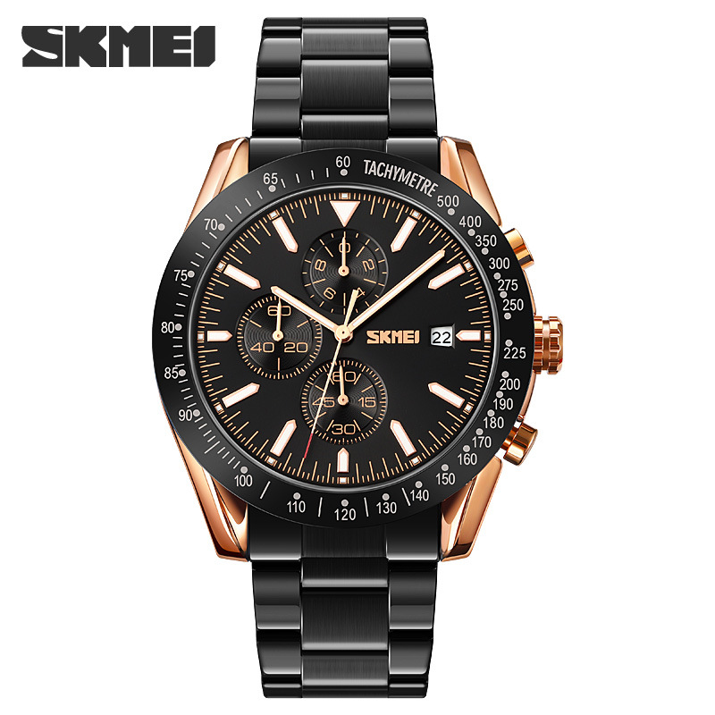 SKMEI 9253 nueva cinta de acero de seis pines calendario luminoso movimiento de cuarzo cronómetro reloj cronógrafo