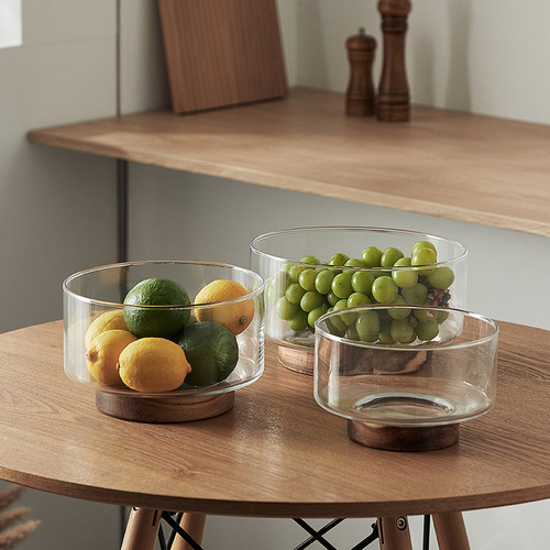 Japanese simple glass fruit plate living room candy basin wooden storage box tall dried fruit dessert plate snack snack bowl