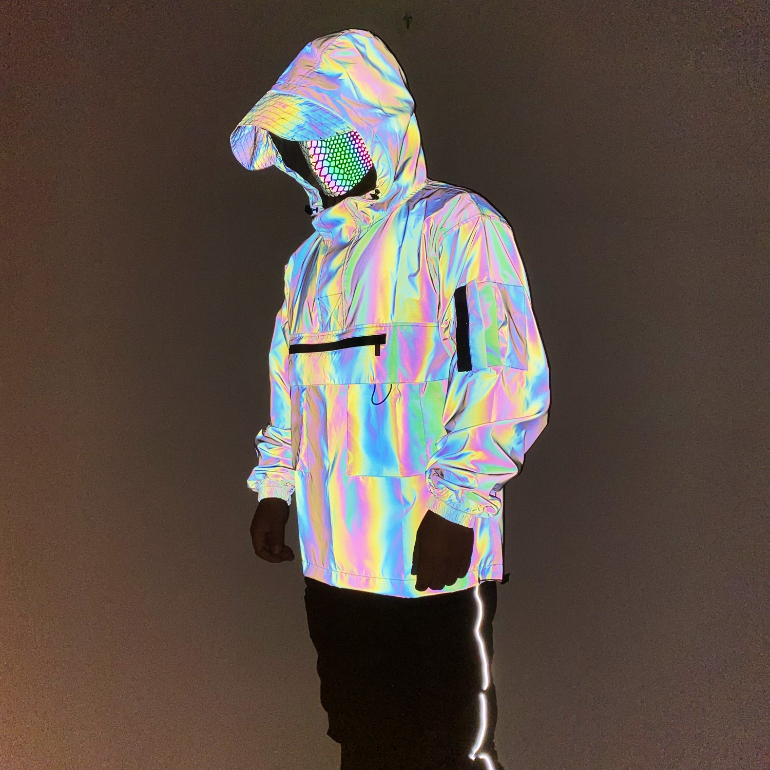 Men's Clothing multi pocket tactical functional style colorful reflective workwear jacket couple loose assault jacket hooded jacket_voghion.com