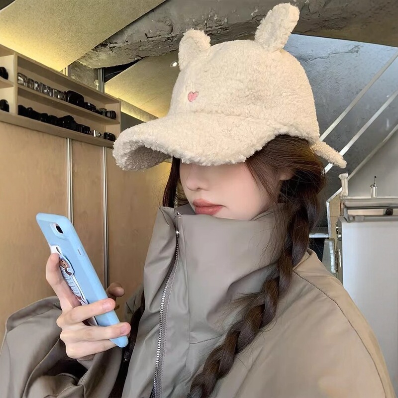 甜美可爱兔耳朵棒球帽子女秋冬羊羔毛绒加厚保暖百搭显脸小鸭舌帽|undefined
