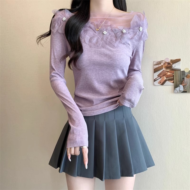 紫色一字肩网纱花边长袖针织衫女早秋大码胖mm收腰显瘦高级感上衣|undefined