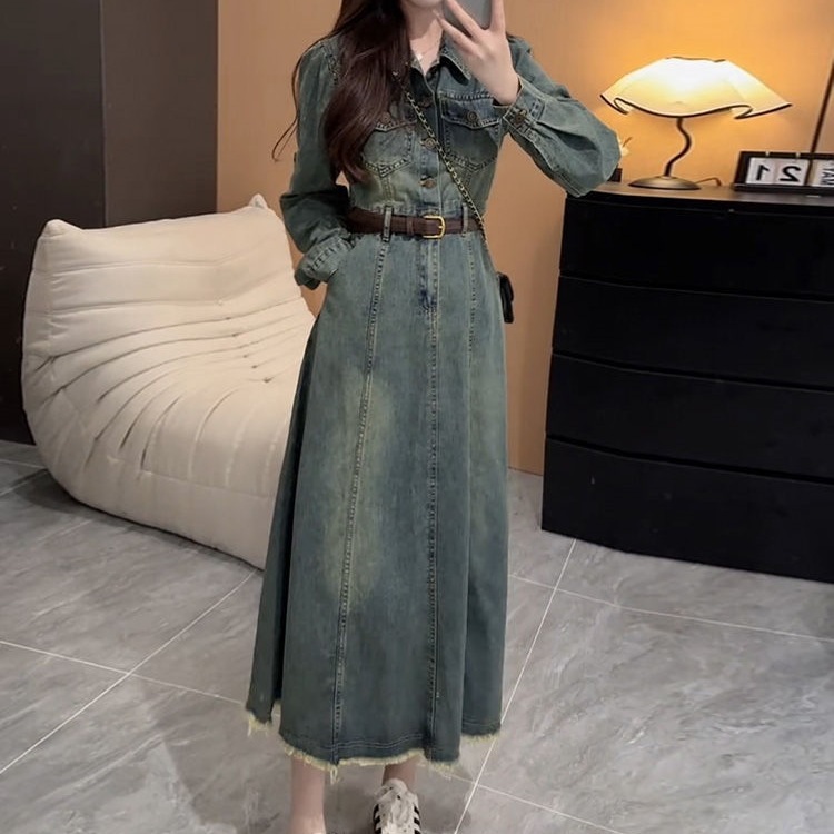 港风复古牛仔连衣裙女春秋季新款小众小个子收腰显瘦长袖A字长裙|undefined