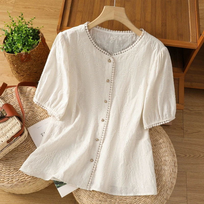 2025 летний новый ретро новый китайский стиль сплошной цвет литературный тонкий повседневный крючком с круглым вырезом рубашка топ женский