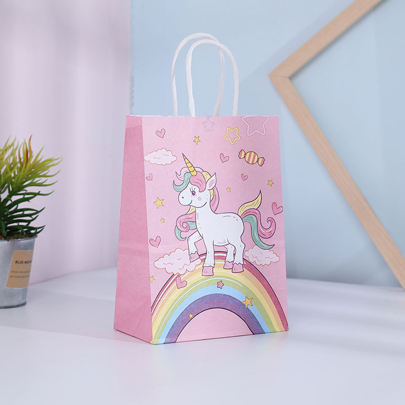 Cartoon unicornio kraft bolsas de mano de regalo de fiesta de cumpleaños de niños bolsas de regalo de jardín de infantes al por mayor