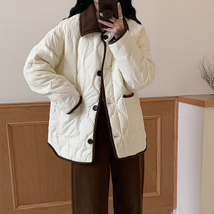 2025 Tweed Style Short down Jacket for Women with Contrasting Color Lapel Quilted Light and Loose Cotton Jacket