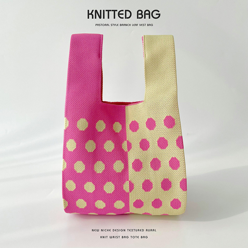 Diseño de nicho color matching Polka Dot bolso de hombro de punto estudiante versátil bolsa de muñeca de gran capacidad bolsa de compras