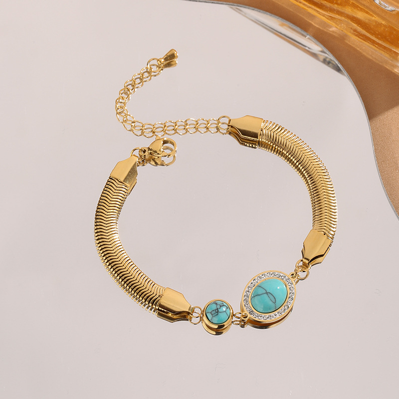 Pulsera de acero de titanio de estilo europeo y americano turquesa con diamantes incrustados ronda ovalada Árbol de la vida ojos amplia serpiente hueso redondo marca serie pulsera
