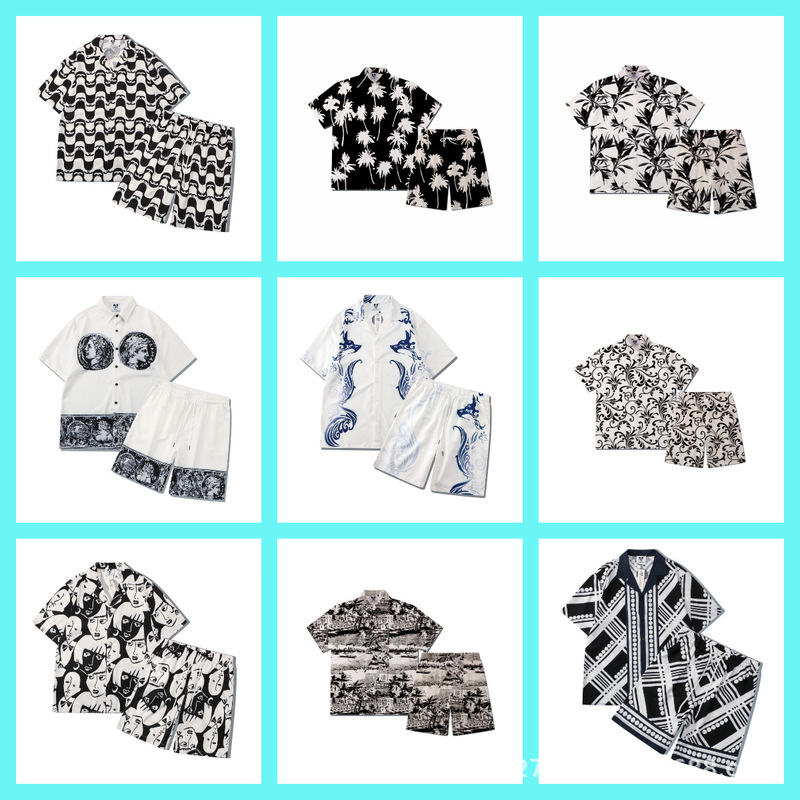 Wholesale cross-border European and American tide brand RHUDE national totem logo short sleeve shirt suit men's and women's high street shorts lining