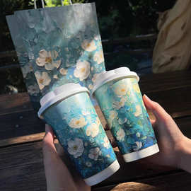奶茶杯子一次性带盖蓝色茉莉加厚咖啡豆浆热饮外带杯国风奶茶纸杯
