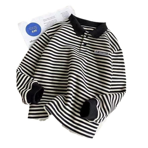 Children's Autumn Long-Sleeve Polo Shirt Black and White Striped Korean Version Top for Boys and Girls Base Layer for Middle and Large Children