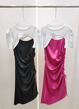 时尚22春夏新款女装 挖剪镂空结构拼接设计 假两件显瘦连衣裙