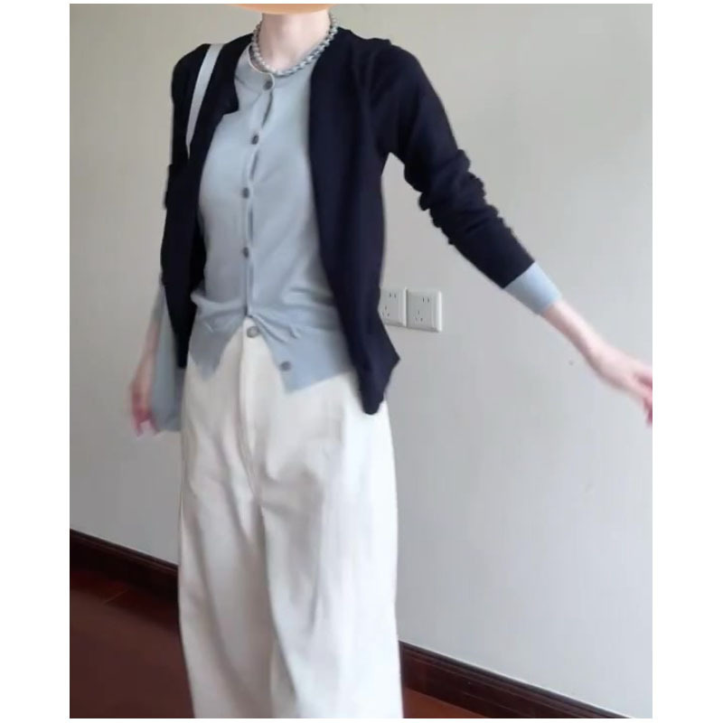 秋季韩系穿搭一整套绝美漂亮小套装假两件针织开衫阔腿裤子两件套|undefined