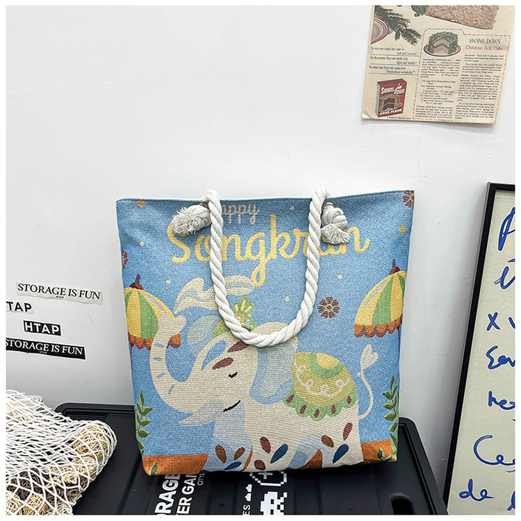 300g Weight Polyester Lining Material Zipper Closure Type Single Shoulder Strap Strap Type Tote Bag Bags Type Holiday, Travel Occasion Canvas Material Elephant Pattern All Seasons Season Women's Gender Ethnic Style, Classic Style Style Square Shape Medium Size Women's Medium Canvas Elephant Ethnic Style Classic Style Square Zipper Tote Bag 26