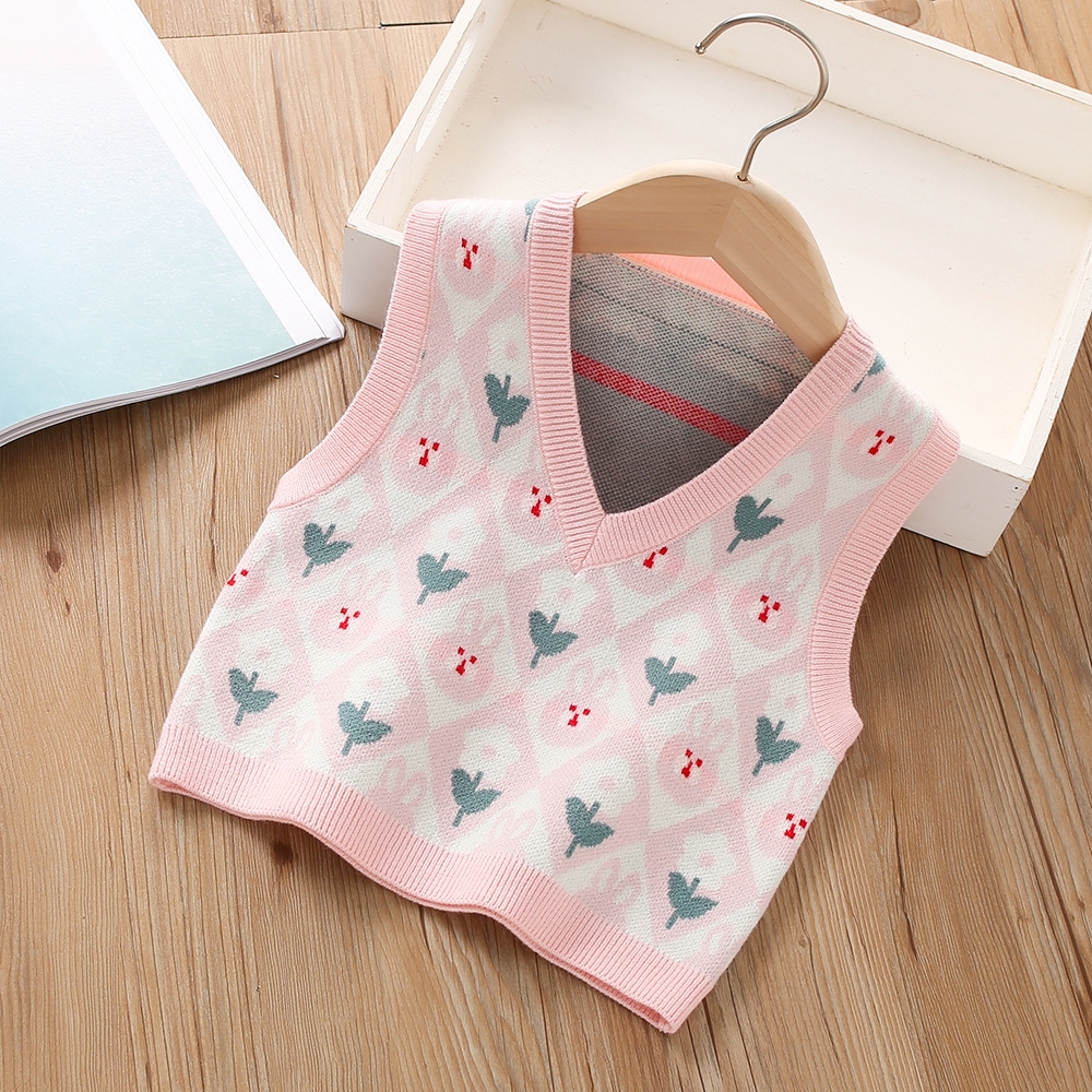 Chaleco de punto para niñas cuello en V, primavera-otoño 2023 – estilo coreano cute y versátil.