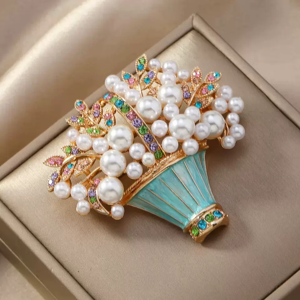 新款釉彩花朵胸针时尚花篮别针中古Vintage个性配饰现货批发