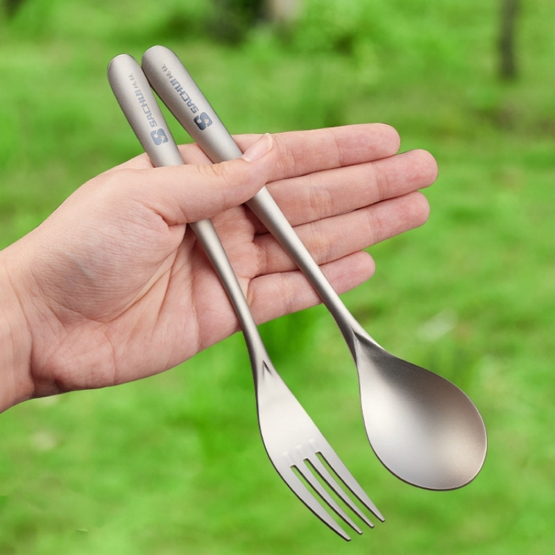 Pure Titanium Spoon, Fork, and Chopstick Set, Portable Outdoor Titanium Cutlery with Storage Box, Camping Titanium Metal Chopsticks, Fork, and Spoon Three-Piece Set