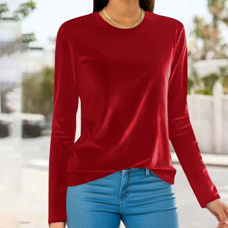 2026 Autumn New Gold Velvet Round Neck Long Sleeve T-Shirt for Women, Solid Color Slim Fit Casual Top, Cross-Border Women's Clothing