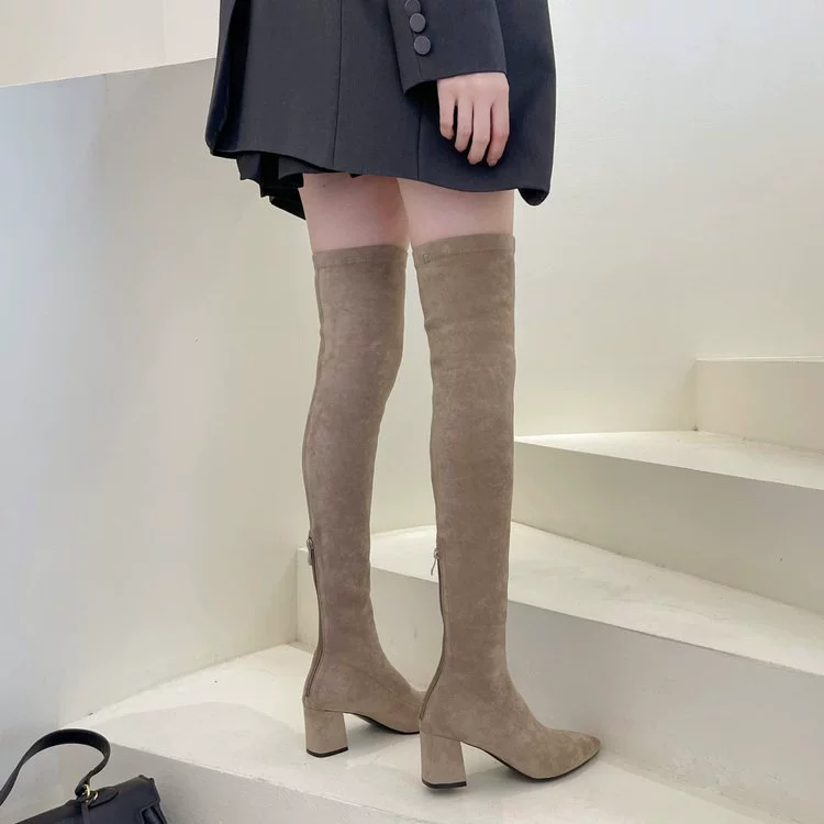 Зимние высокие сапоги с острым носом, эластичные сапоги на толстом высоком каблуке, женские длинные сапоги, Новое поступление, 2023, женские длинные сапоги выше колена, цвет хаки
