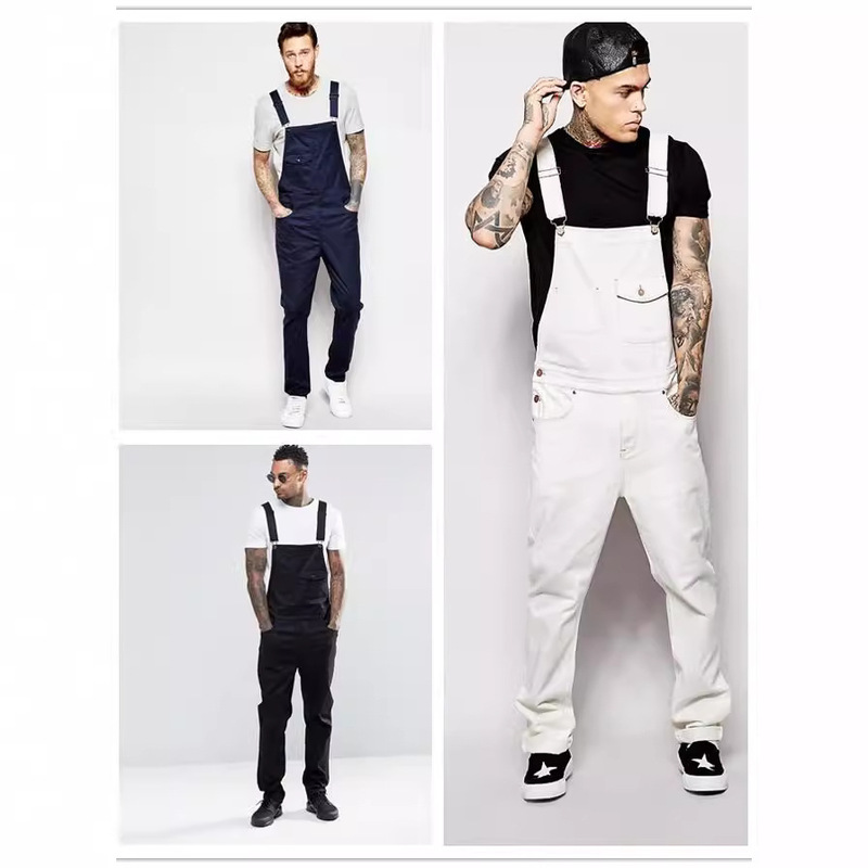 European and American new Denim White suspender pants slim fit slimming men's trousers cross-border European Station New suspender pants men