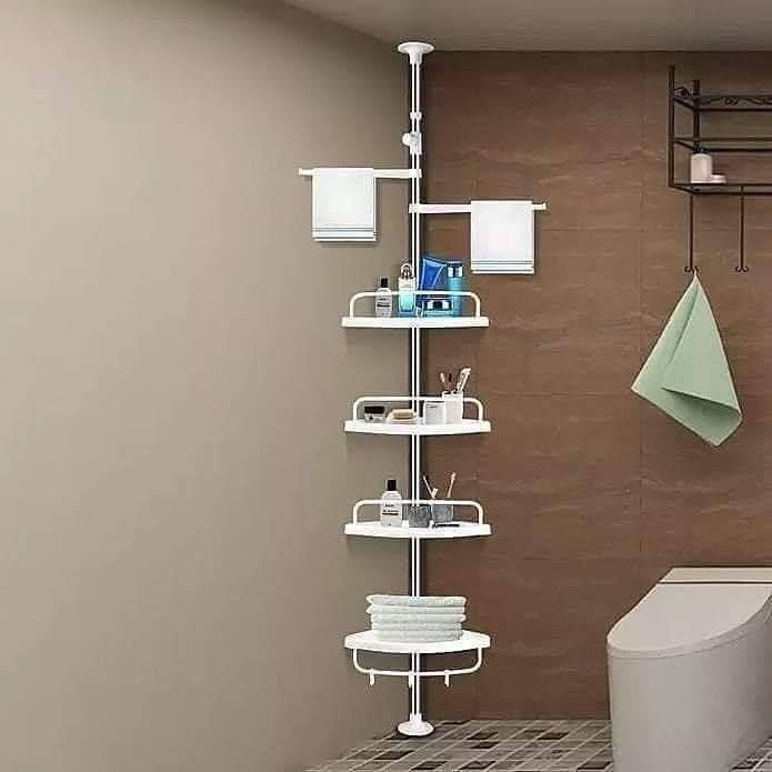 Estante de almacenamiento multicapa sin perforaciones para baño de acero inoxidable de piso a techo, estante de almacenamiento con drenaje, estante esquinero telescópico de pie