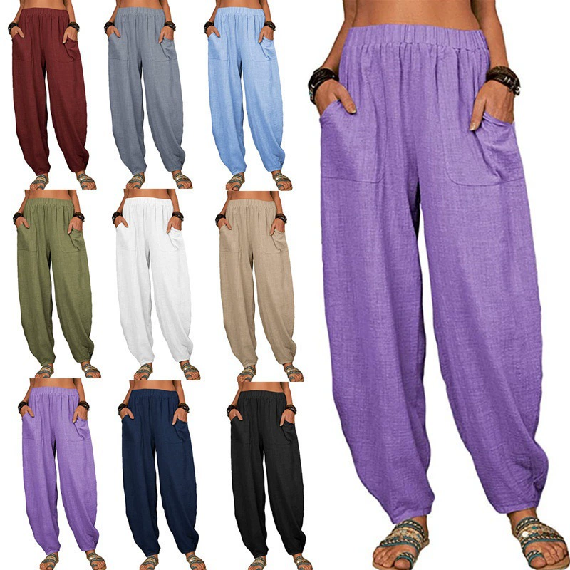 2023 Европейская и американская внешняя торговля Женские повседневные брюки Amazon Wish Свободные повседневные брюки из хлопка и льна Домашние брюки из Харлана