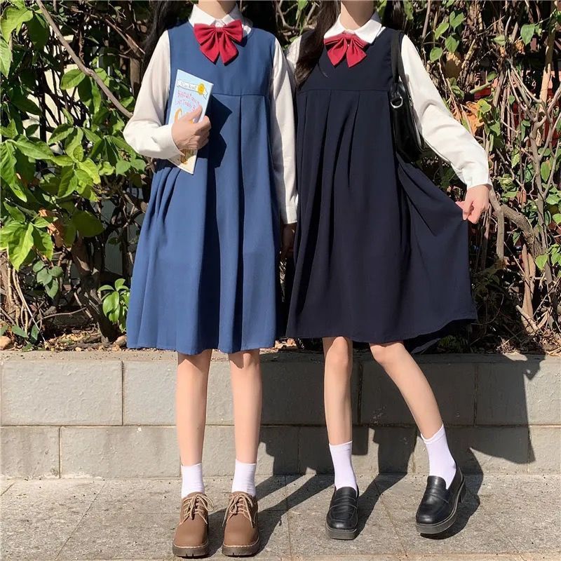Spring and Autumn Style School Style Shirt + JK Uniform Bow Suspender Dress, Loose Mid-Length Two-Piece Set for Female Students