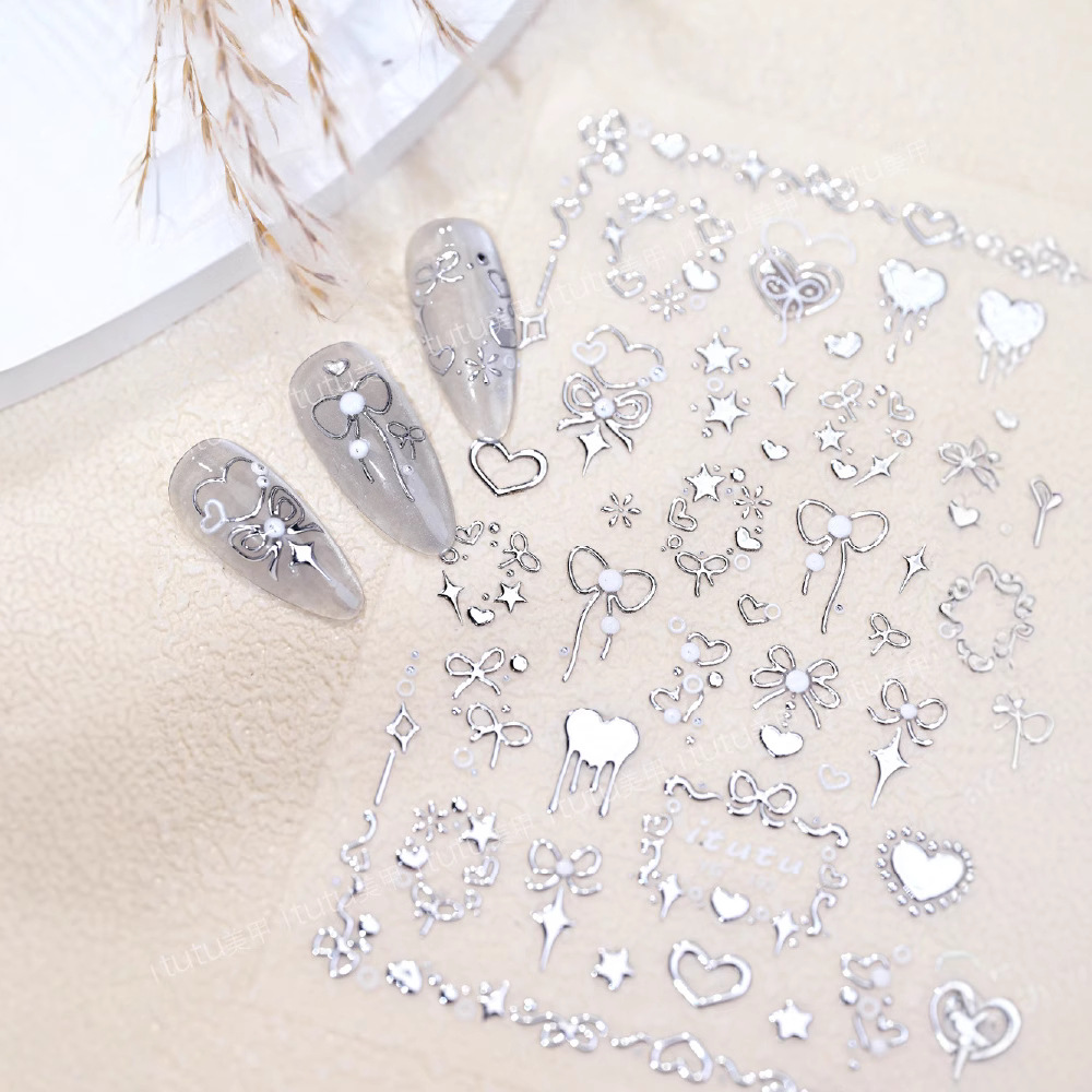 Nuevo dulce arco estampado en relieve pegatinas de uñas rosa arco amor arco estampado en plata pegatinas de corazón de桃ar rojo